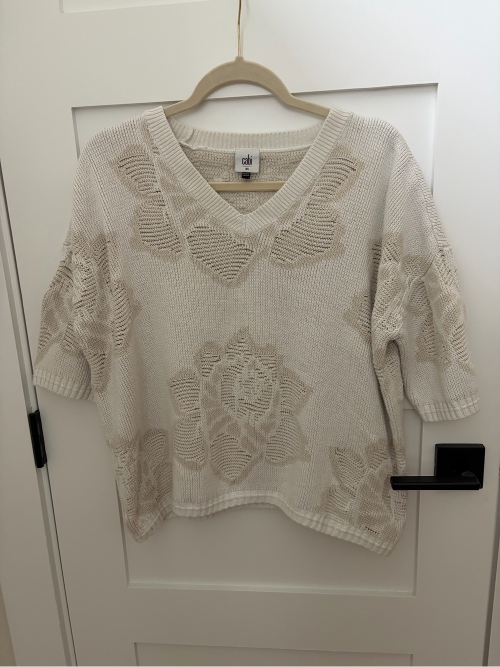 CAbi Ivory Textured Floral V-Neck Sweater